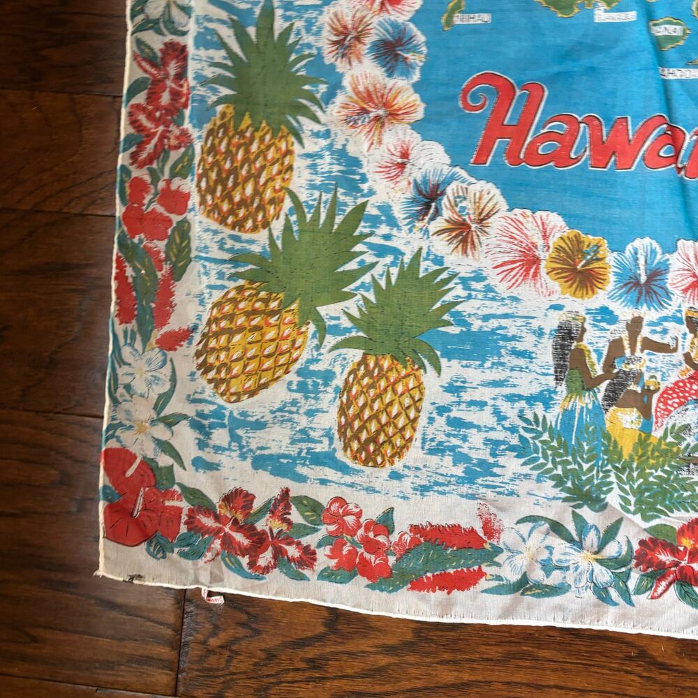 Vtg Hawaii Souvenir Scarf 50s 60s Aloha Map Volcano Surfing Made in Japan - Picture 6 of 9